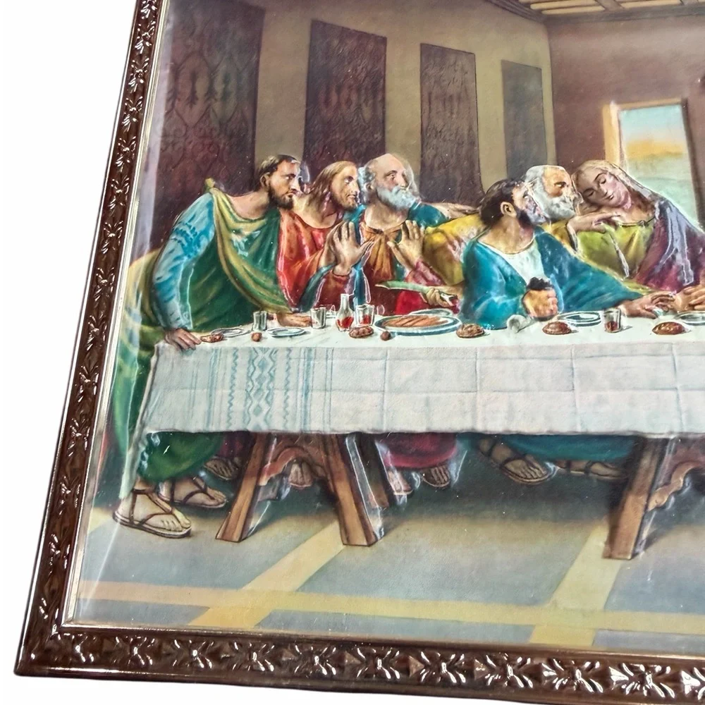 1960s/70s 8x15‎ 3D Textured The Last Supper Ornate Gold Framed Wall Hanging